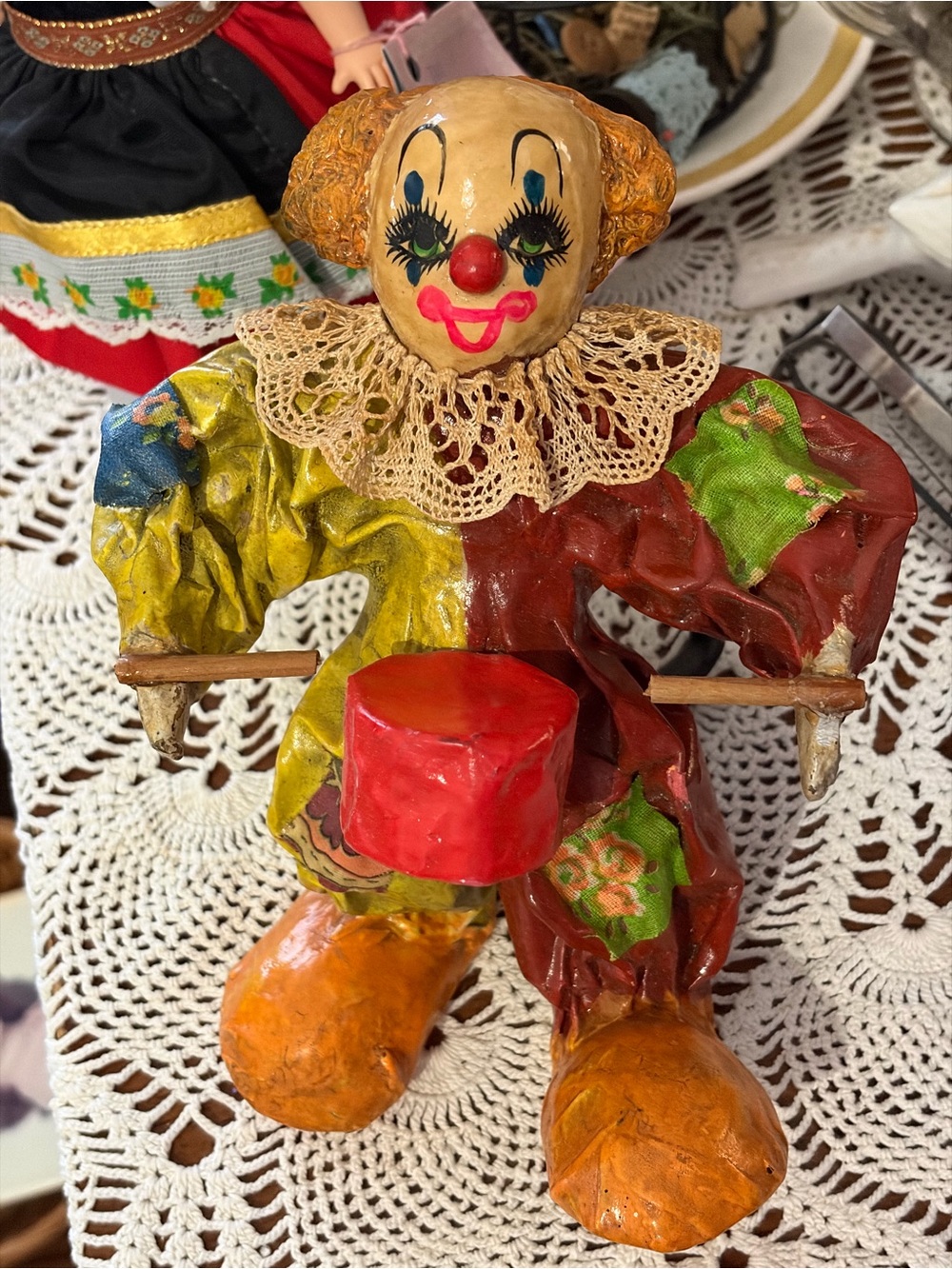 vintage paper mache clown figurine playing drum from Mexico